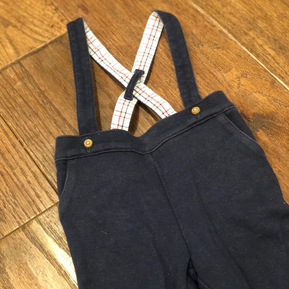 Janie and Jack Navy cotton suspender pants 0-3m